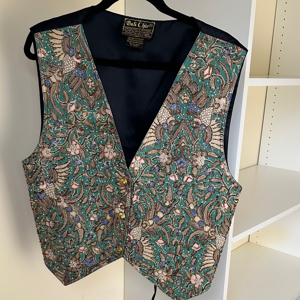 Bali Floral Embroidered Vest - Green and Brown